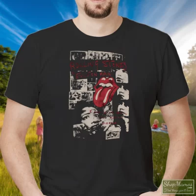 Men's Rolling Stones Exile On Main Street T Shirt In Black, Front View On Light Wood Background