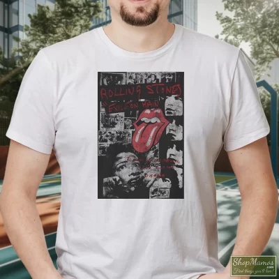 Men's Rolling Stones Exile On Mainstreet Fade T Shirt In White, Front View On Dark Wood Background