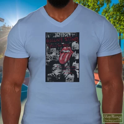 Men's Rolling Stones Exile On Mainstreet Fade V Neck In Light Blue, Front View On Dark Wood Background
