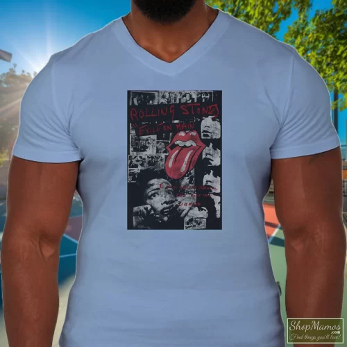 Rolling Stones Exile On Mainstreet Fade Men’s V Neck – Light Blue Front View On Dark Wood Background Men's Rolling Stones Exile On Mainstreet Fade V Neck In Light Blue, Front View On Dark Wood Background