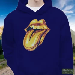 Rolling Stones Golden Tongue Shirt 9 Men's Rolling Stones Golden Tongue Hoodie In Navy, Front View On Light Wood Background