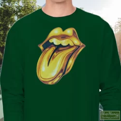 Rolling Stones Golden Tongue Shirt 3 Men's Rolling Stones Golden Tongue Long Sleeve In Forest Green, Front View On Light Wood Background