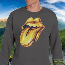 Rolling Stones Golden Tongue Shirt 1 Men's Rolling Stones Golden Tongue Sweatshirt In Charcoal, Front View On Dark Wood Background