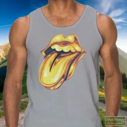 Rolling Stones Golden Tongue Shirt 6 Men's Rolling Stones Golden Tongue Tank Top In Sport Grey, Front View On Dark Wood Background