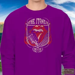 Rolling Stones Grey Distressed Forty 40 Licks Shirt 4 Men's Rolling Stones Grey Distressed Forty 40 Licks Long Sleeve In Purple, Front View On Light Wood Background