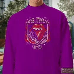 Rolling Stones Grey Distressed Forty 40 Licks Shirt 1 Men's Rolling Stones Grey Distressed Forty 40 Licks Sweatshirt In Purple, Front View On Light Wood Background