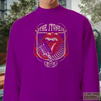 Men's Rolling Stones Grey Distressed Forty 40 Licks Sweatshirt In Purple, Front View On Light Wood Background