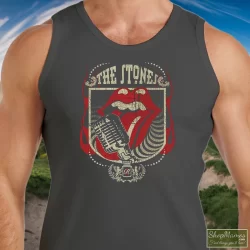 Rolling Stones Grey Distressed Forty 40 Licks Shirt 7 Men's Rolling Stones Grey Distressed Forty 40 Licks Tank Top In Charcoal, Front View On Dark Wood Background