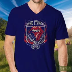 Rolling Stones Grey Distressed Forty 40 Licks Shirt 5 Men's Rolling Stones Grey Distressed Forty 40 Licks V Neck In Navy, Front View On Light Wood Background