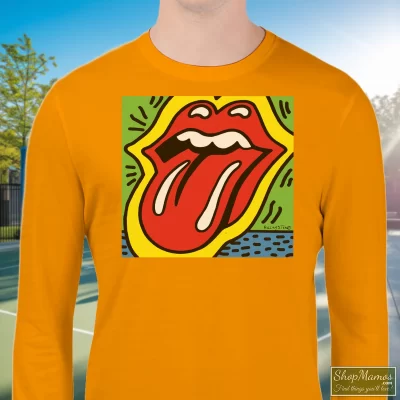 Men's Rolling Stones Iconic Logo Tongue And Lip Pop Art Style Keith Haring Style Sweatshirt In Orange, Front View On Dark Wood Background