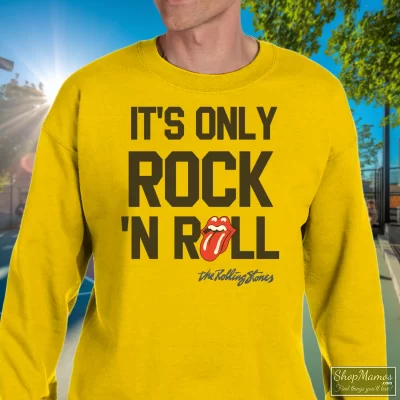 Men's Rolling Stones Its Only Rock N Roll Sweatshirt In Yellow, Front View On Dark Wood Background