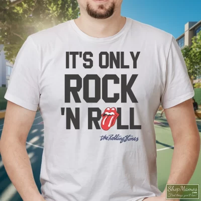 Men's Rolling Stones Its Only Rock N Roll T Shirt In White, Front View On Dark Wood Background