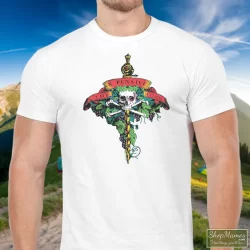 Men's Rolling Stones Keith Richards And The X Pensive Winos Tour 1988 T Shirt In White, Front View On Dark Wood Background