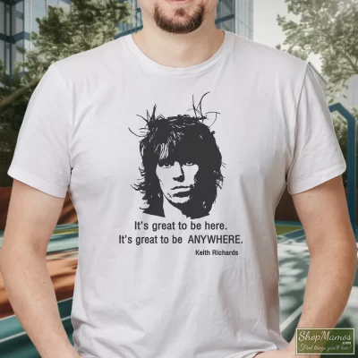 Men's Rolling Stones Keith Richards It's Great To Be Here T Shirt In White, Front View On Dark Wood Background