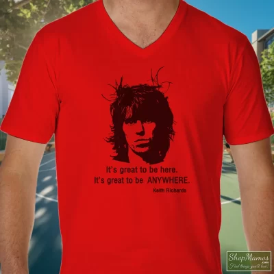 Men's Rolling Stones Keith Richards It's Great To Be Here V Neck In Red, Front View On Dark Wood Background