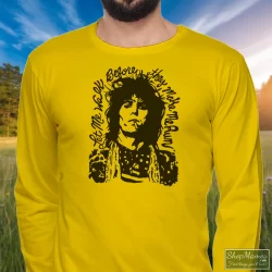 Rolling Stones Keith Richards Let Me Walk Before They Make Me Run Shirt 10 Men's Rolling Stones Keith Richards Let Me Walk Before They Make Me Run Long Sleeve In Yellow, Front View On Dark Wood Background