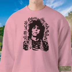 Rolling Stones Keith Richards Let Me Walk Before They Make Me Run Shirt 11 Men's Rolling Stones Keith Richards Let Me Walk Before They Make Me Run Sweatshirt In Light Pink, Front View On Dark Wood Background