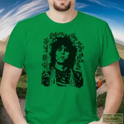 Rolling Stones Keith Richards Let Me Walk Before They Make Me Run Shirt 1 Men's Rolling Stones Keith Richards Let Me Walk Before They Make Me Run T Shirt In Irish Green, Front View On Light Wood Background