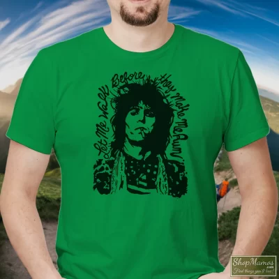 Men's Rolling Stones Keith Richards Let Me Walk Before They Make Me Run T Shirt In Irish Green, Front View On Light Wood Background