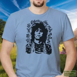 Rolling Stones Keith Richards Let Me Walk Before They Make Me Run Shirt 2 Men's Rolling Stones Keith Richards Let Me Walk Before They Make Me Run T Shirt In Light Blue, Front View On Dark Wood Background