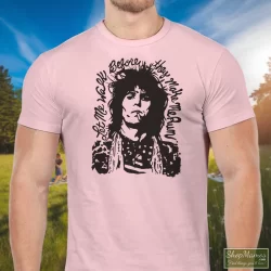 Rolling Stones Keith Richards Let Me Walk Before They Make Me Run Shirt 3 Men's Rolling Stones Keith Richards Let Me Walk Before They Make Me Run T Shirt In Light Pink, Front View On Dark Wood Background