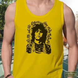 Rolling Stones Keith Richards Let Me Walk Before They Make Me Run Shirt 8 Men's Rolling Stones Keith Richards Let Me Walk Before They Make Me Run Tank Top In Yellow, Front View On Dark Wood Background