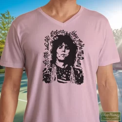 Rolling Stones Keith Richards Let Me Walk Before They Make Me Run Shirt 4 Men's Rolling Stones Keith Richards Let Me Walk Before They Make Me Run V Neck In Light Pink, Front View On Dark Wood Background
