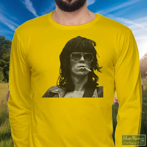 Rolling Stones Keith Richards Men’s Long Sleeve – Yellow Front View On Dark Wood Background Men's Rolling Stones Keith Richards Long Sleeve In Yellow, Front View On Dark Wood Background