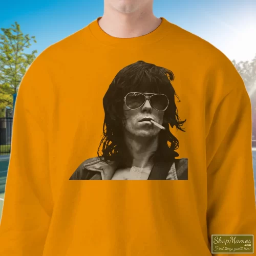 Rolling Stones Keith Richards Men’s Sweatshirt – Orange Front View On Dark Wood Background Men's Rolling Stones Keith Richards Sweatshirt In Orange, Front View On Dark Wood Background