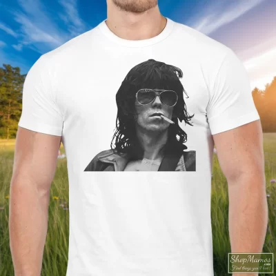 Men's Rolling Stones Keith Richards T Shirt In White, Front View On Dark Wood Background