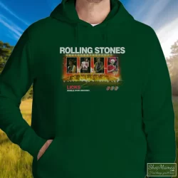 Rolling Stones Licks World Tour Shirt 6 Men's Rolling Stones Licks World Tour Hoodie In Forest Green, Front View On Light Wood Background
