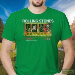 Rolling Stones Licks World Tour Shirt 3 Men's Rolling Stones Licks World Tour T Shirt In Irish Green, Front View On Light Wood Background