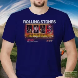 Rolling Stones Licks World Tour Shirt 2 Men's Rolling Stones Licks World Tour T Shirt In Navy, Front View On Light Wood Background