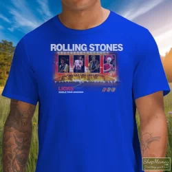 Rolling Stones Licks World Tour Shirt 11 Men's Rolling Stones Licks World Tour T Shirt In Royal Blue, Front View On Light Wood Background