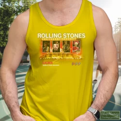 Rolling Stones Licks World Tour Shirt 5 Men's Rolling Stones Licks World Tour Tank Top In Yellow, Front View On Dark Wood Background