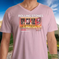 Rolling Stones Licks World Tour Shirt 7 Men's Rolling Stones Licks World Tour V Neck In Light Pink, Front View On Dark Wood Background