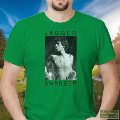 Men's Rolling Stones Mick Jagger Swagger T Shirt In Irish Green, Front View On Light Wood Background