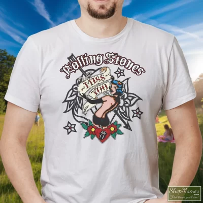 Men's Rolling Stones Miss You T Shirt In White, Front View On Dark Wood Background