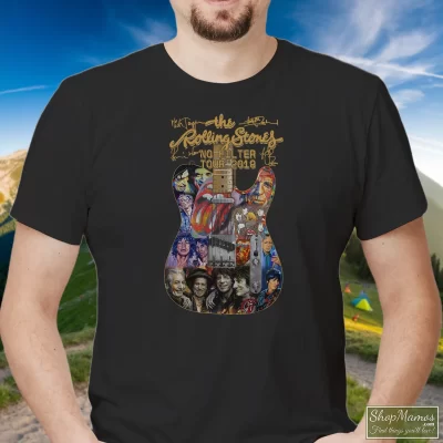 Men's Rolling Stones New Dates No Filter Tour 2019 T Shirt In Black, Front View On Light Wood Background