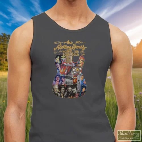 Rolling Stones New Dates No Filter Tour 2019 Men’s Tank Top – Charcoal Front View On Dark Wood Background Men's Rolling Stones New Dates No Filter Tour 2019 Tank Top In Charcoal, Front View On Dark Wood Background