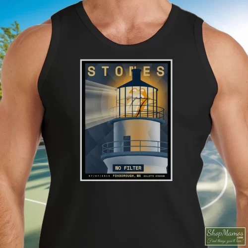 Rolling Stones No Filter 2019 Foxborough Tour Men’s Tank Top – Black Front View On Light Wood Background Men's Rolling Stones No Filter 2019 Foxborough Tour Tank Top In Black, Front View On Light Wood Background
