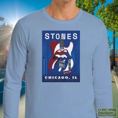 Men's Rolling Stones No Filter Soldier Field Long Sleeve In Light Blue, Front View On Dark Wood Background