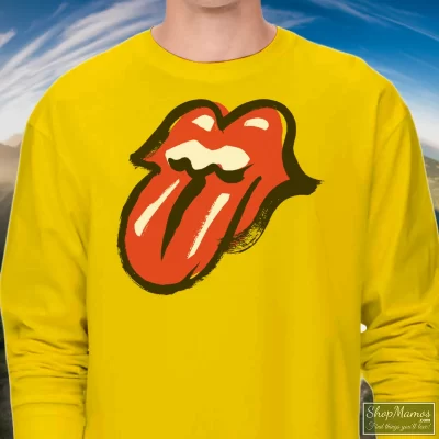 Men's Rolling Stones No Filter Tongue Yellow Long Sleeve In Yellow, Front View On Dark Wood Background
