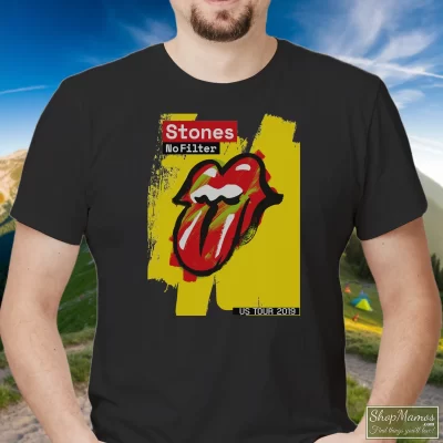 Men's Rolling Stones No Filter US Tour 2019 T Shirt In Black, Front View On Light Wood Background