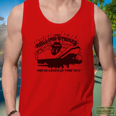 Men's Rolling Stones North American Concert Tour 1972 Tank Top In Red, Front View On Dark Wood Background