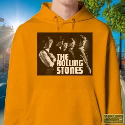 Rolling Stones Original Album Cover 1964 Shirt 1 Men's Rolling Stones Original Album Cover 1964 Hoodie In Orange, Front View On Dark Wood Background
