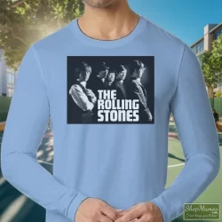 Rolling Stones Original Album Cover 1964 Shirt 5 Men's Rolling Stones Original Album Cover 1964 Long Sleeve In Light Blue, Front View On Dark Wood Background