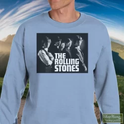 Rolling Stones Original Album Cover 1964 Shirt 2 Men's Rolling Stones Original Album Cover 1964 Sweatshirt In Light Blue, Front View On Dark Wood Background