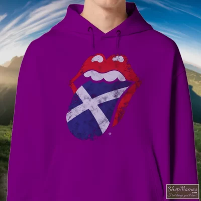 Men's Rolling Stones Scotland Tongue Hoodie In Purple, Front View On Light Wood Background