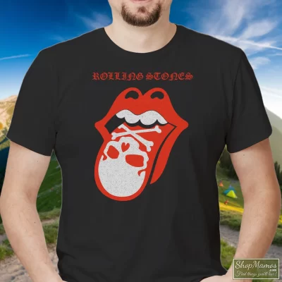 Men's Rolling Stones Skull Tongue T Shirt In Black, Front View On Light Wood Background
